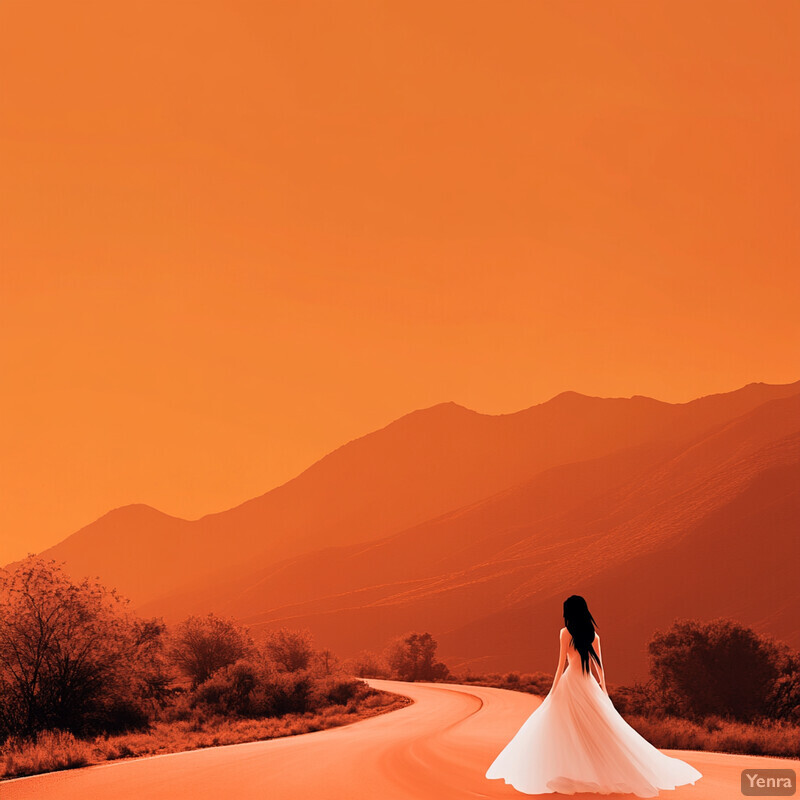 A woman in a white dress walks down a road in an orange-tinted landscape.