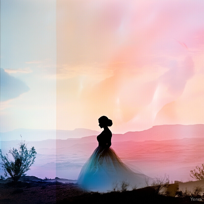 Woman in wedding dress standing on cliff overlooking landscape