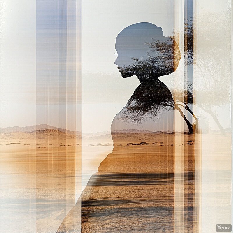 A woman's silhouette superimposed over a desert landscape, with her body formed from tree branches.