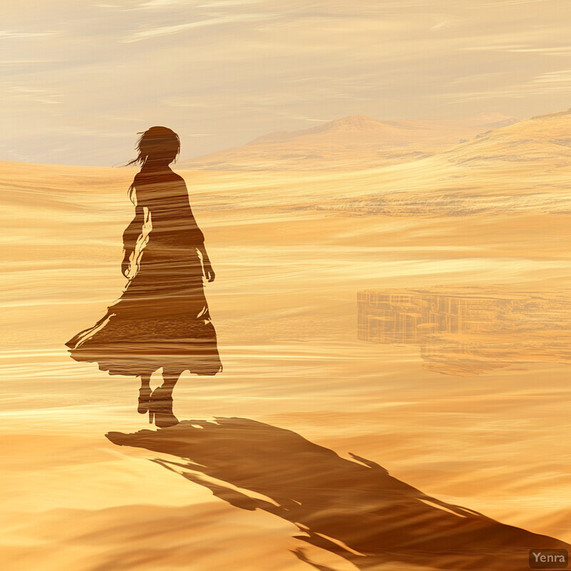 A woman walks through the desert, her long dress flowing behind her.