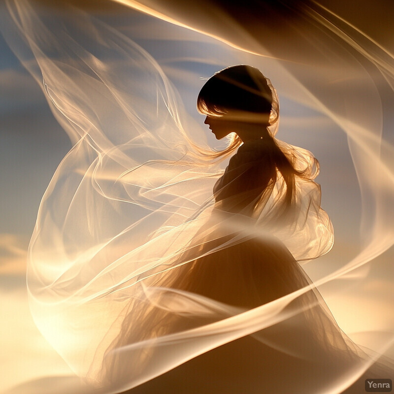 A woman in profile with flowing hair and dress, set against a backdrop of swirling golden light.