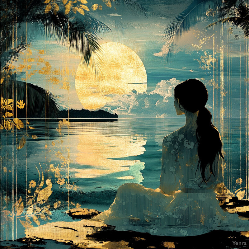 A serene beach scene with a woman sitting on the shore, gazing out at the ocean during sunset.