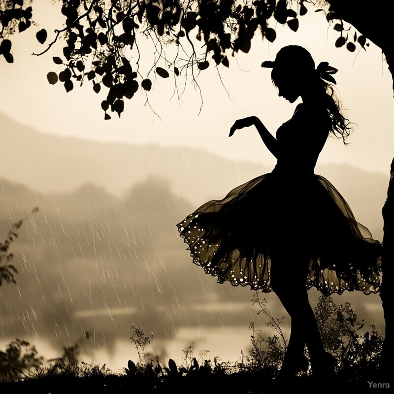 A woman dances in the rain, her silhouette illuminated by moonlight.