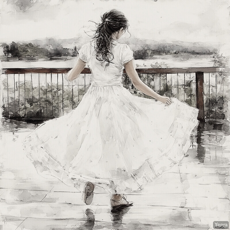 A woman stands on a deck, gazing out at a body of water, dressed in a flowing dress and heels.