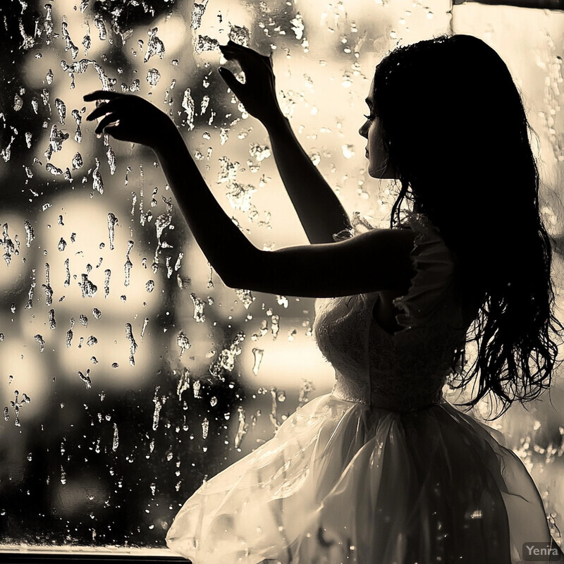 A woman stands by a window, gazing out at the rain-soaked scene outside.