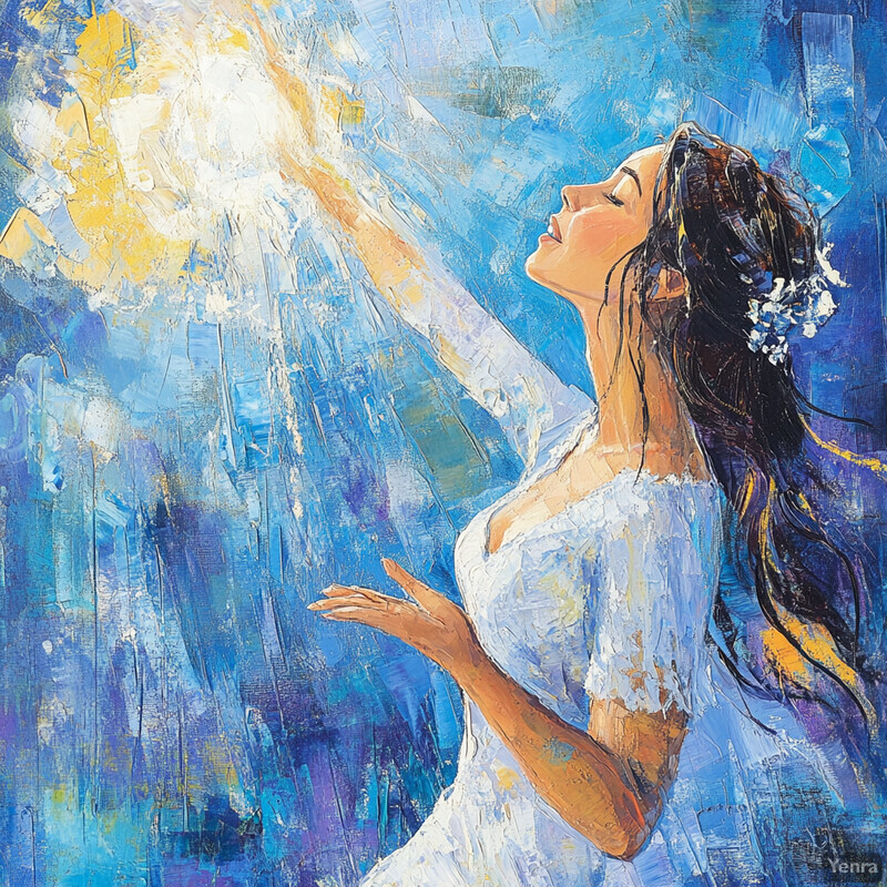 A vibrant oil painting depicting a woman in a white dress or top and skirt against a blue background, capturing a sense of joy and freedom.