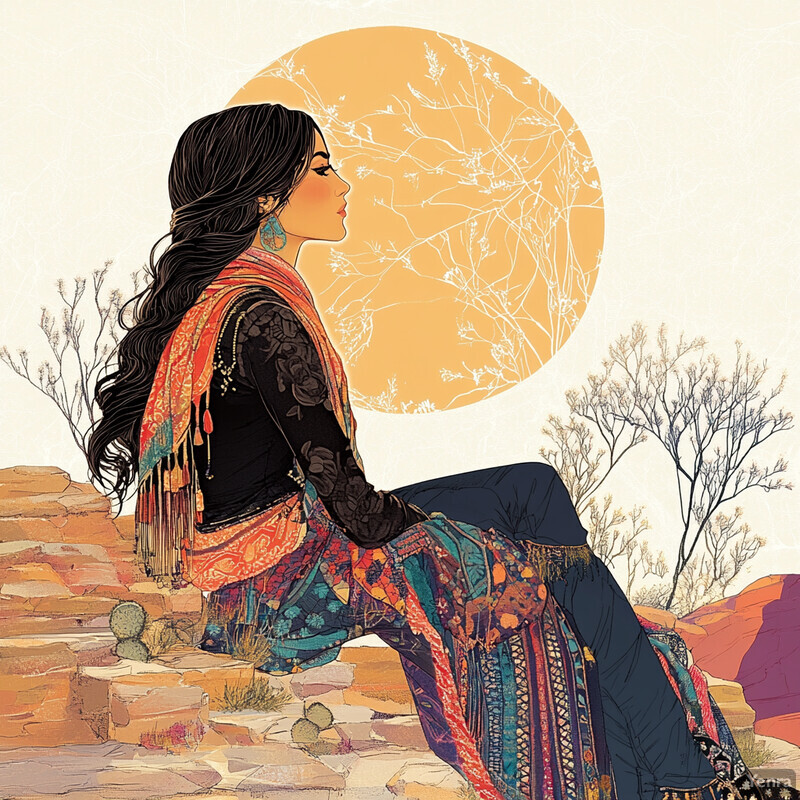 A woman sitting on a rocky outcropping, gazing upwards at a vibrant yellow sun or moon.