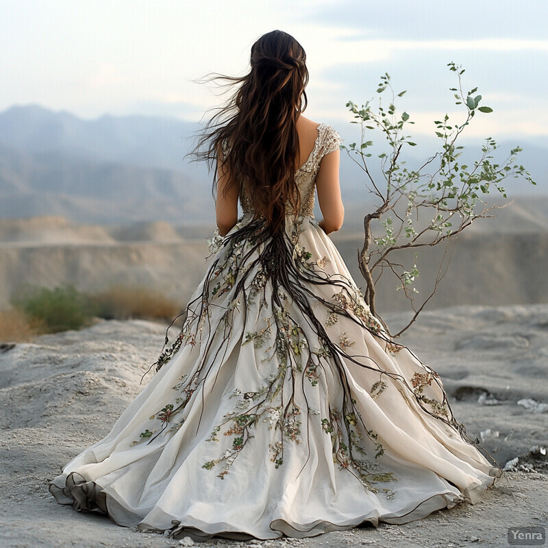 Woman in intricately designed wedding dress standing on a rocky outcrop overlooking a desert landscape