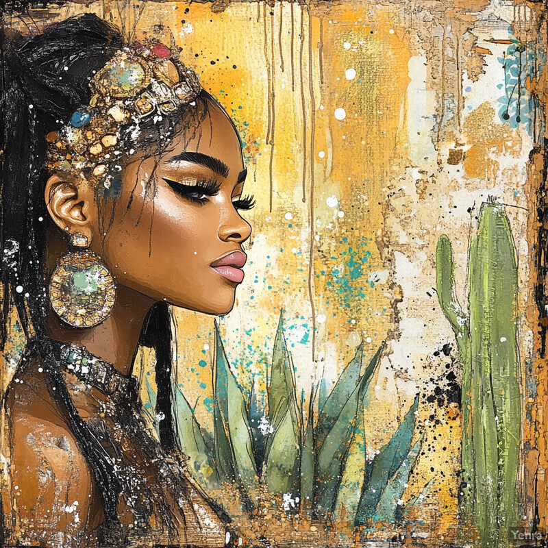 A woman with dark skin and long black hair styled in braids, wearing gold jewelry and standing in front of a yellow background with green cacti.