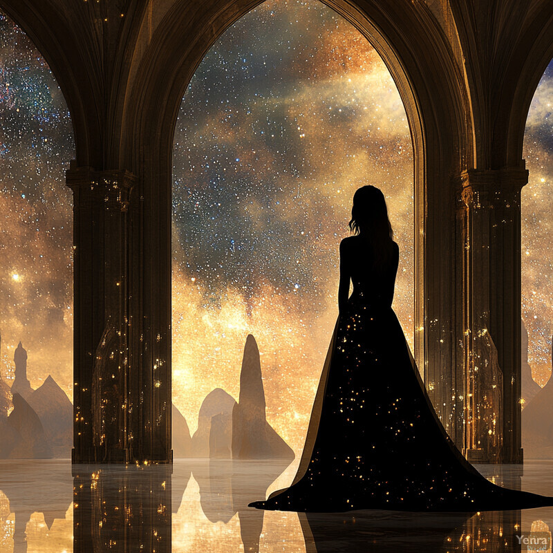 A woman in a long dress stands within an arched stone structure, gazing at a starry night sky through large windows or openings.