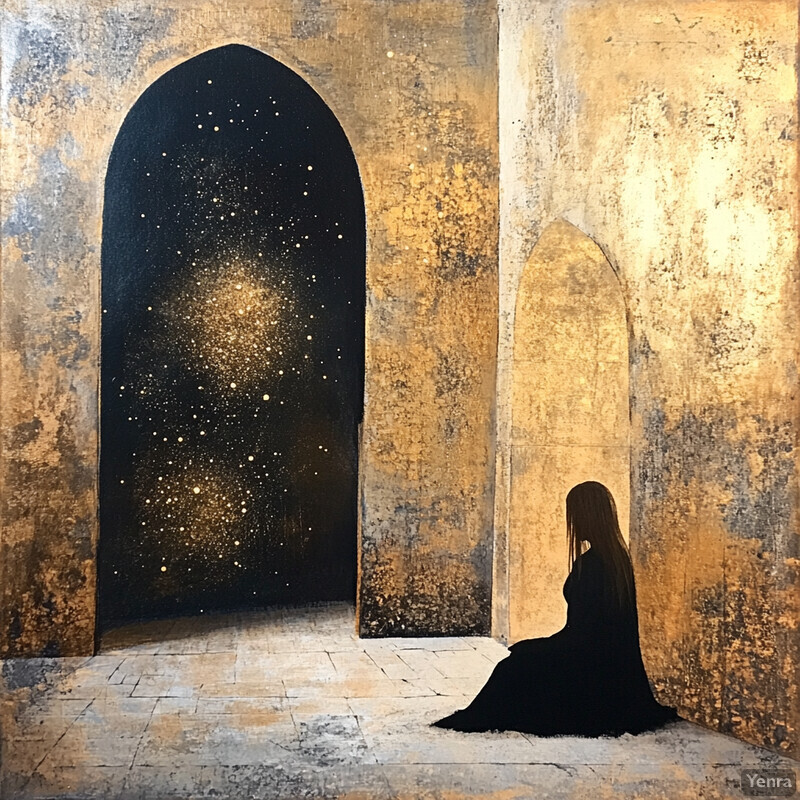 A serene and contemplative scene featuring a woman gazing at a starry expanse beyond an arched opening.