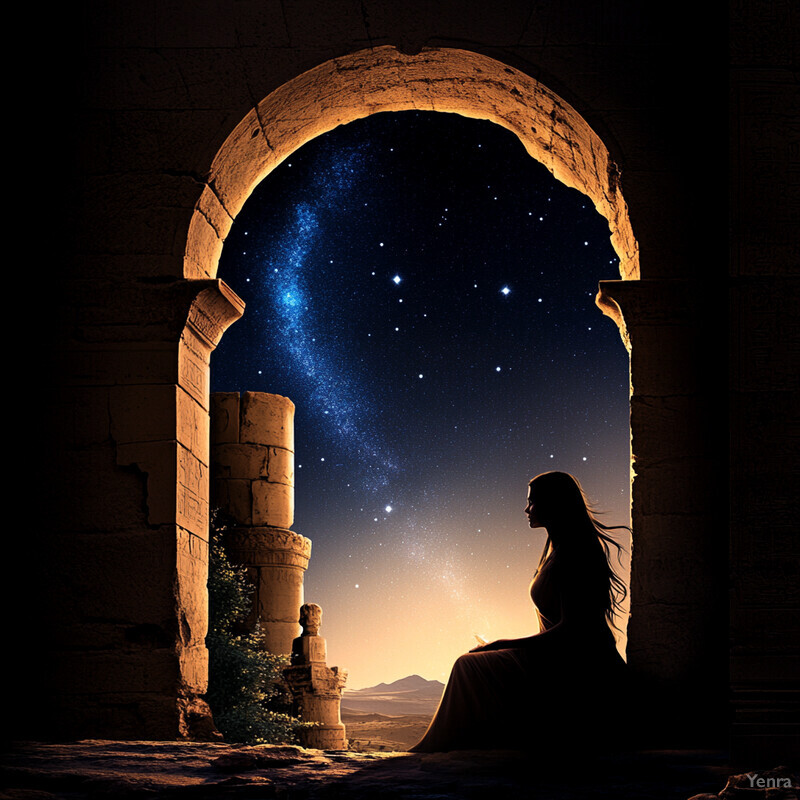 A woman sits in an archway, gazing at a starry sky