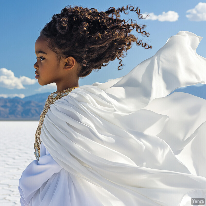 A young girl stands in a white sandy landscape, wearing a flowing white dress with gold embroidery.