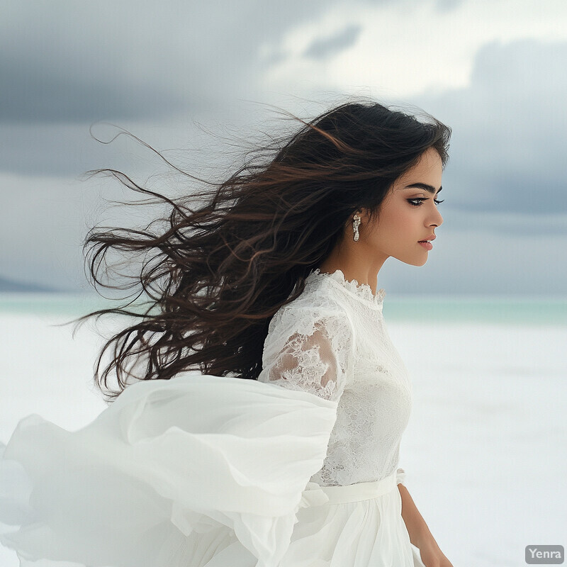 A woman in a white dress stands on a beach or shore, lost in thought with her long dark hair blowing back by the wind.