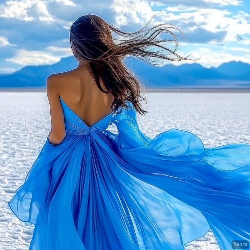 A woman in a blue gown stands on a vast expanse of salt flats, surrounded by mountains in the distance.