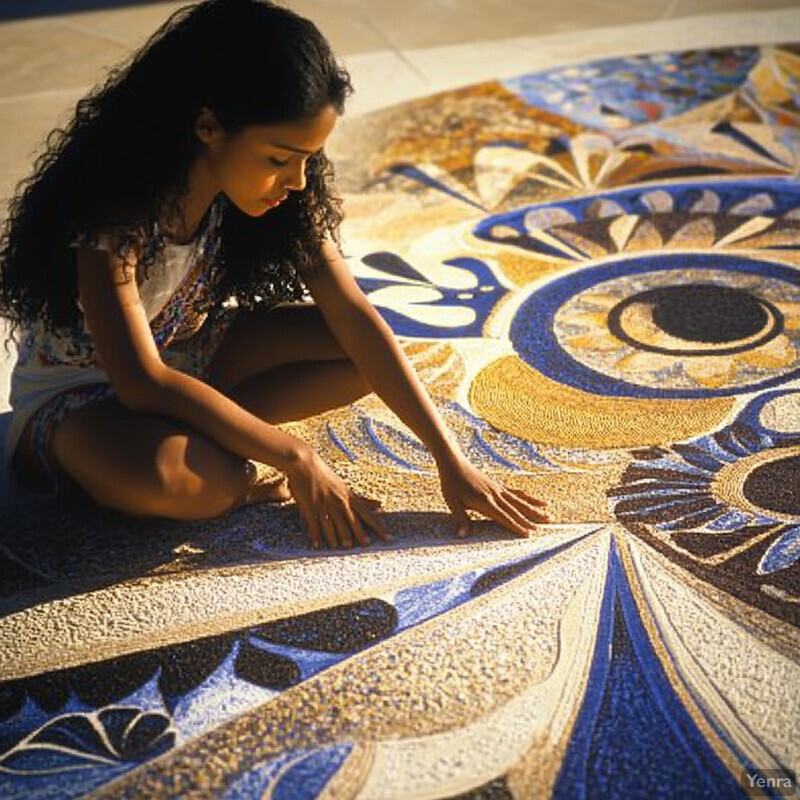 A woman creates intricate sand art on the ground, surrounded by a blurred outdoor setting.