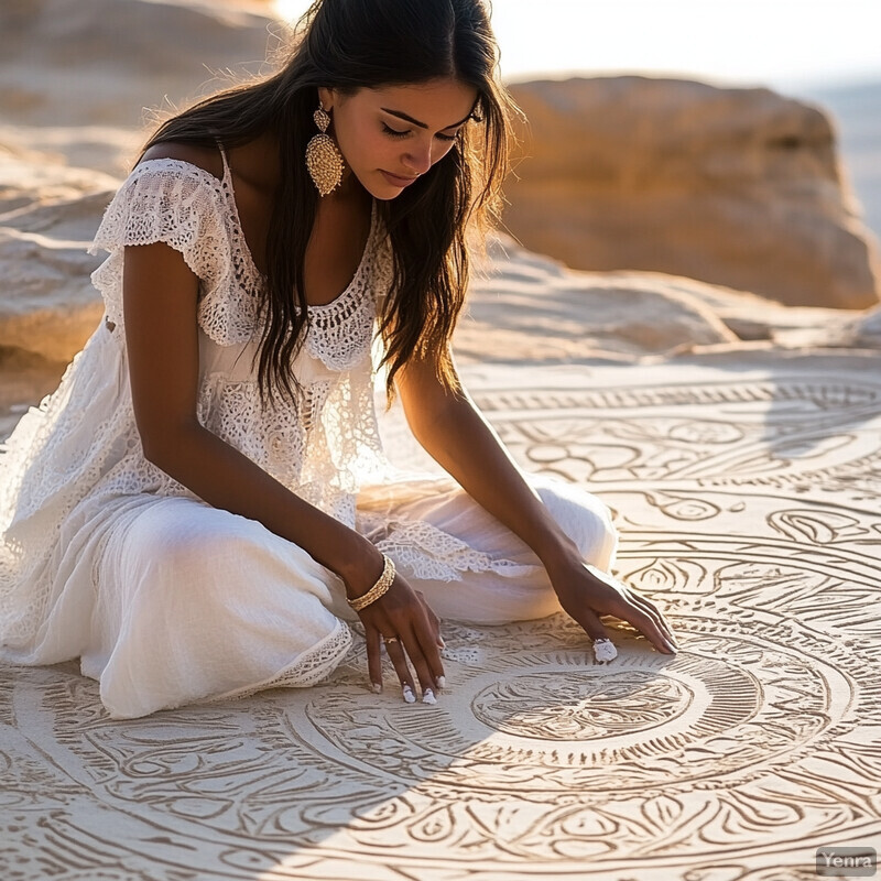 Woman creating intricate sand art design