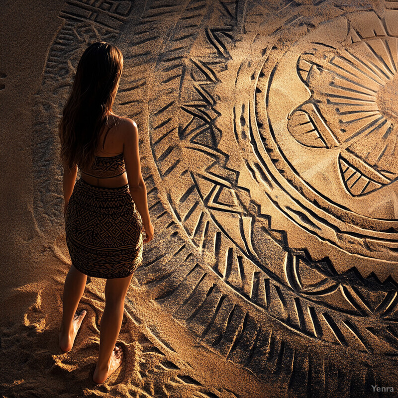 A woman stands in front of intricate sand art on a beach.