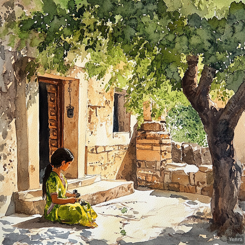 A woman sits on the steps of an old stone building surrounded by lush greenery.