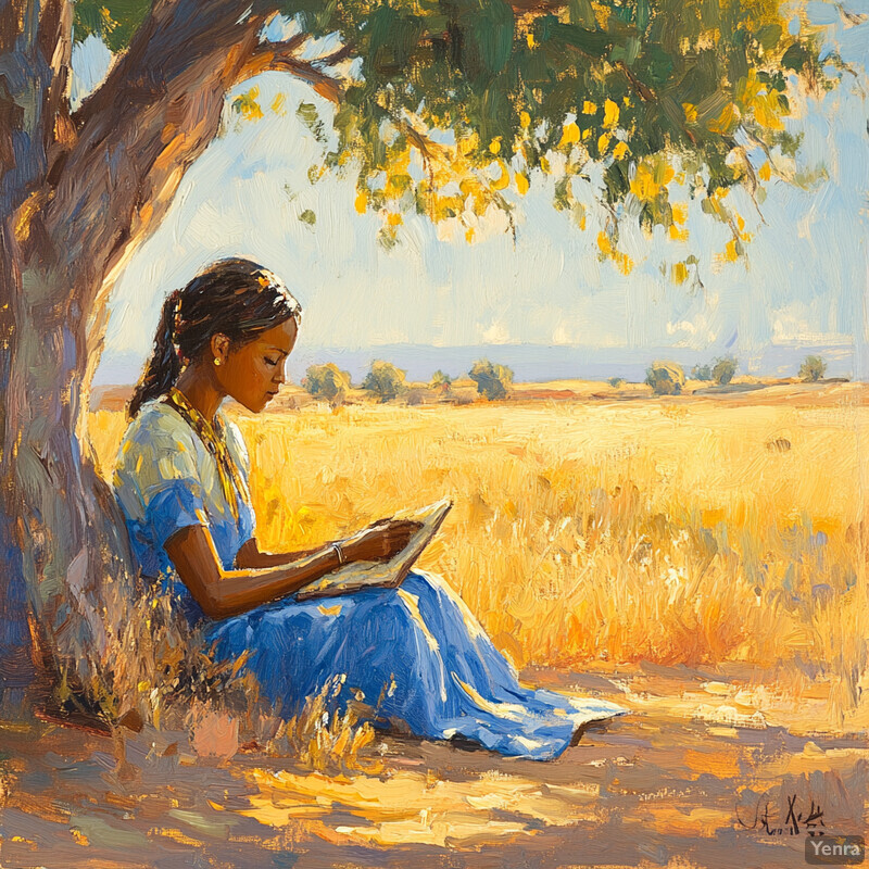 A serene painting of a woman reading under a tree in a golden wheat field