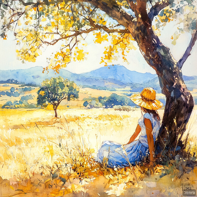 A woman sits under a tree in a field, surrounded by rolling hills and trees, evoking a sense of peace and contentment