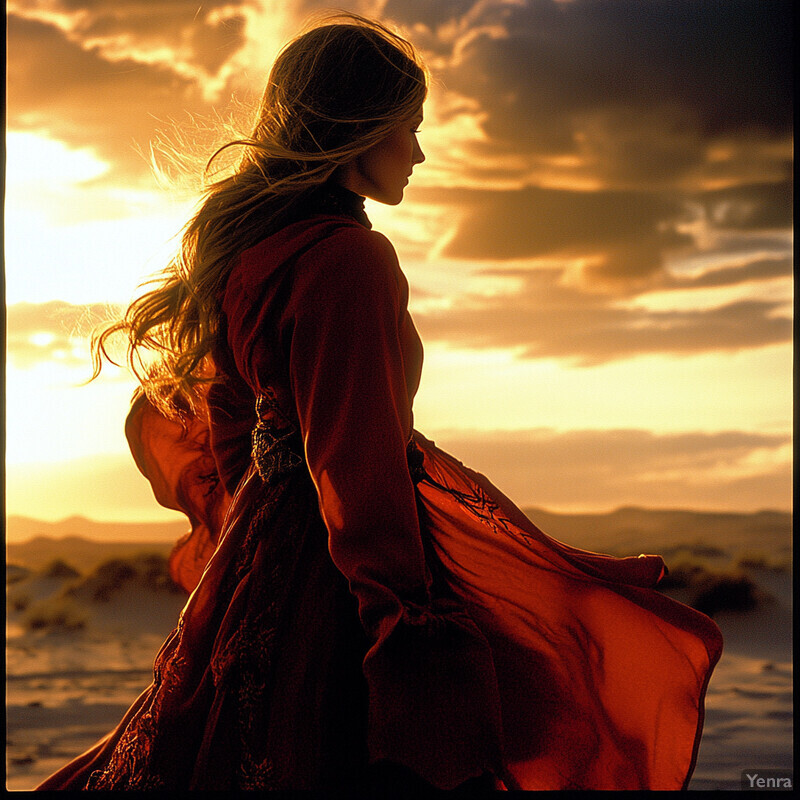 A woman stands alone in the desert at sunset, lost in thought.