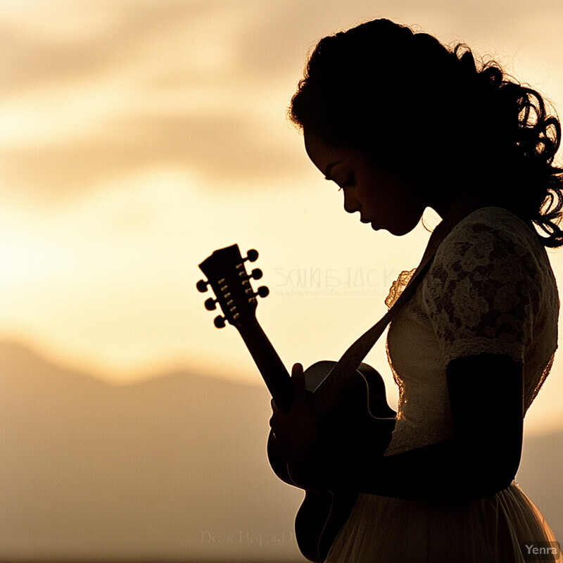 A woman plays guitar in front of a sunset.