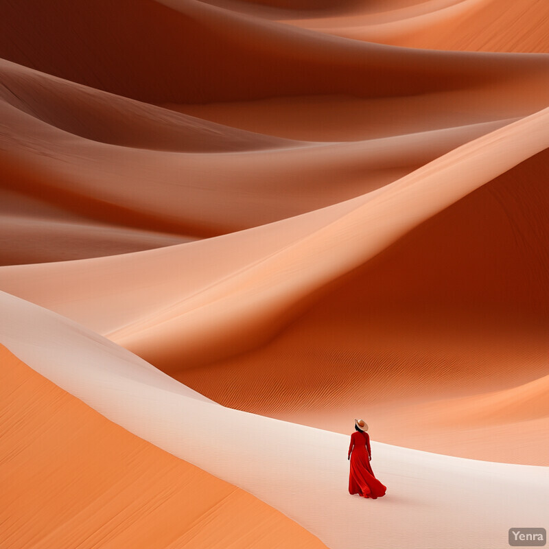 A person walks through the desert, surrounded by sand dunes and wearing a flowing red robe.