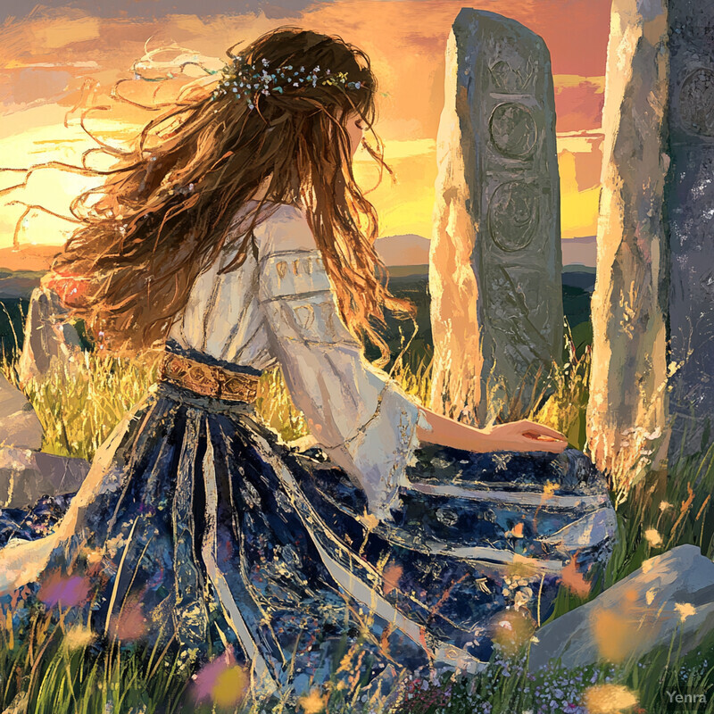 A serene and mystical scene featuring a woman standing before an ancient stone structure, surrounded by lush greenery and vibrant flowers.