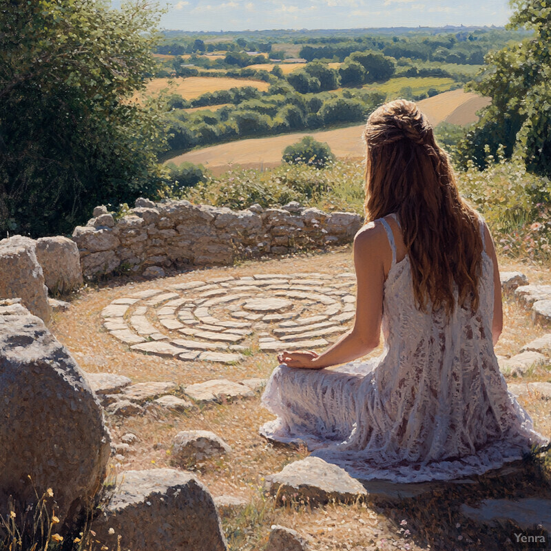 A serene painting of a woman sitting in front of a stone labyrinth, set against a natural landscape.