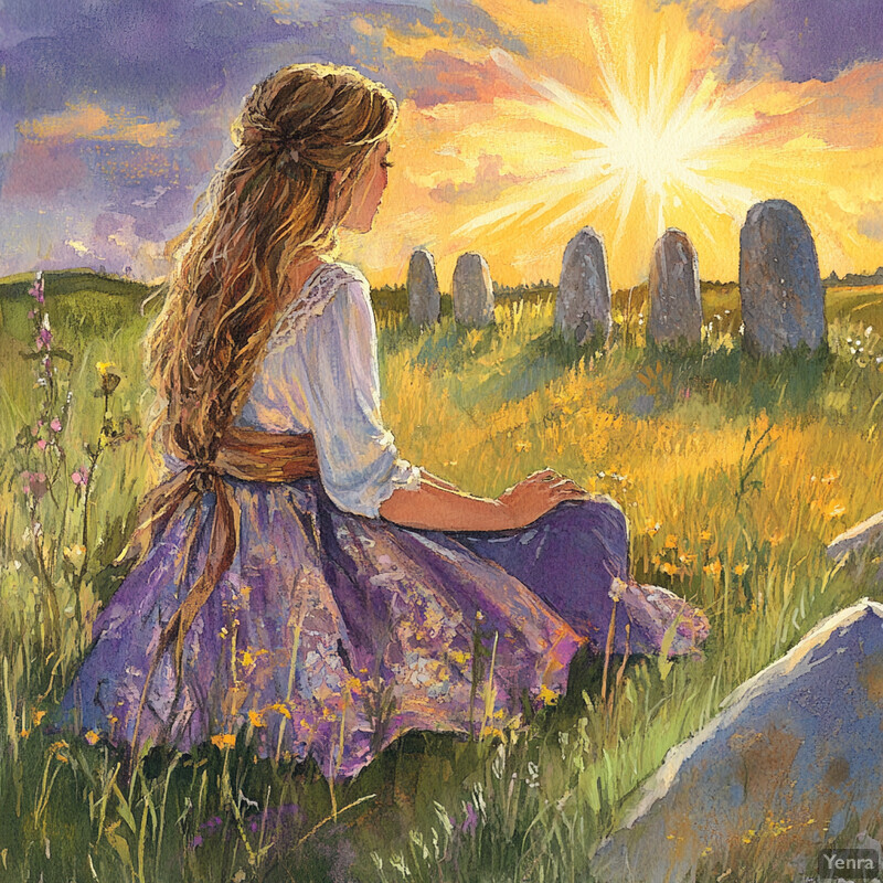 A serene painting of a woman sitting in a field at sunset or sunrise, surrounded by tall grass and wildflowers.