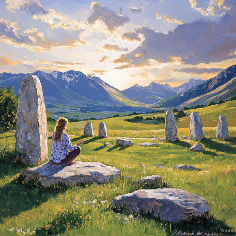 A serene scene of a woman meditating in a field surrounded by rocks and mountains.