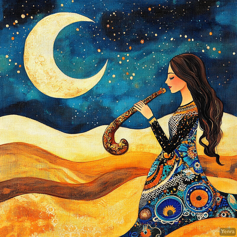 A woman playing a flute under the starry night sky