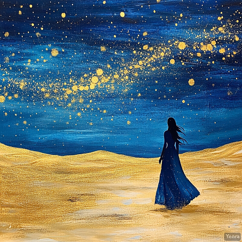 A woman standing in a desert landscape at night, surrounded by stars and sand dunes.