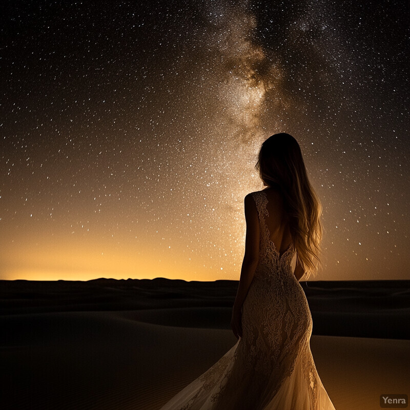 A woman in a wedding dress stands under a starry night sky.