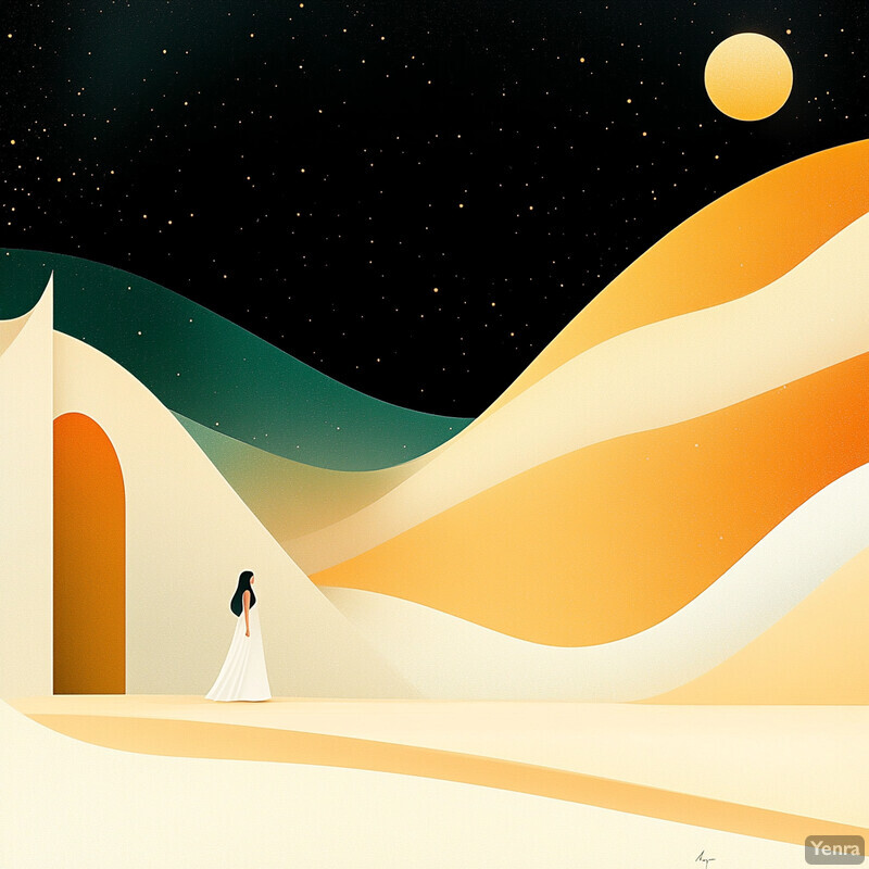 A serene and mystical scene of a woman standing before an arched doorway, set against a backdrop of rolling sand dunes under a star-filled night sky.