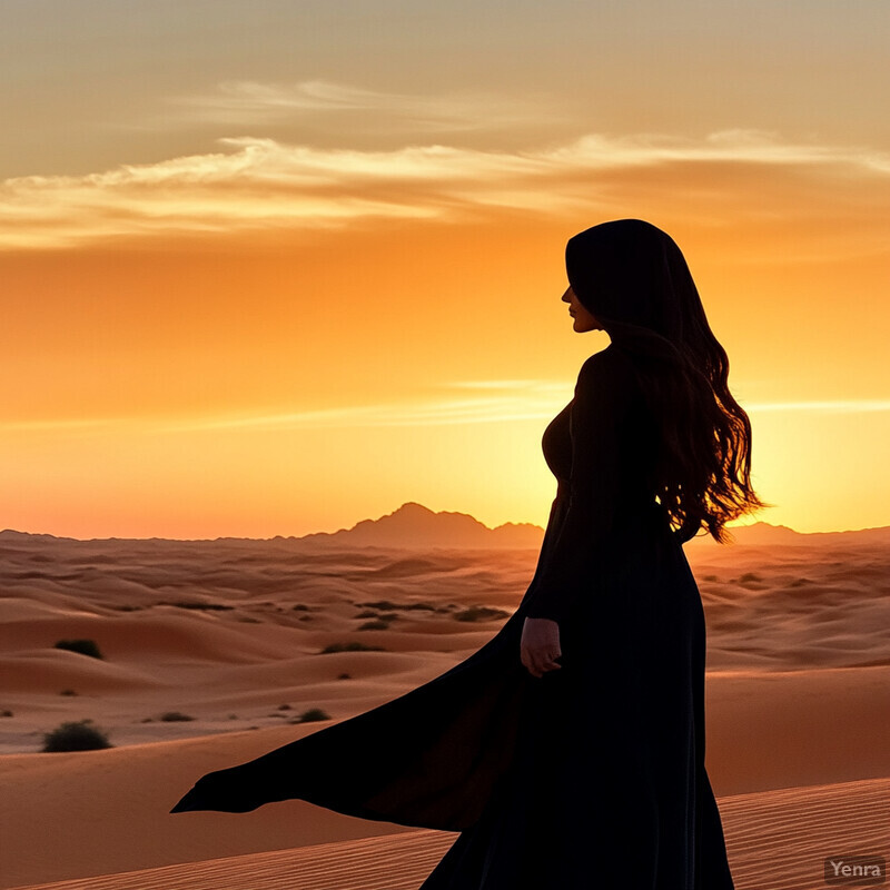 A woman stands confidently in the desert, taking in the breathtaking view before her.