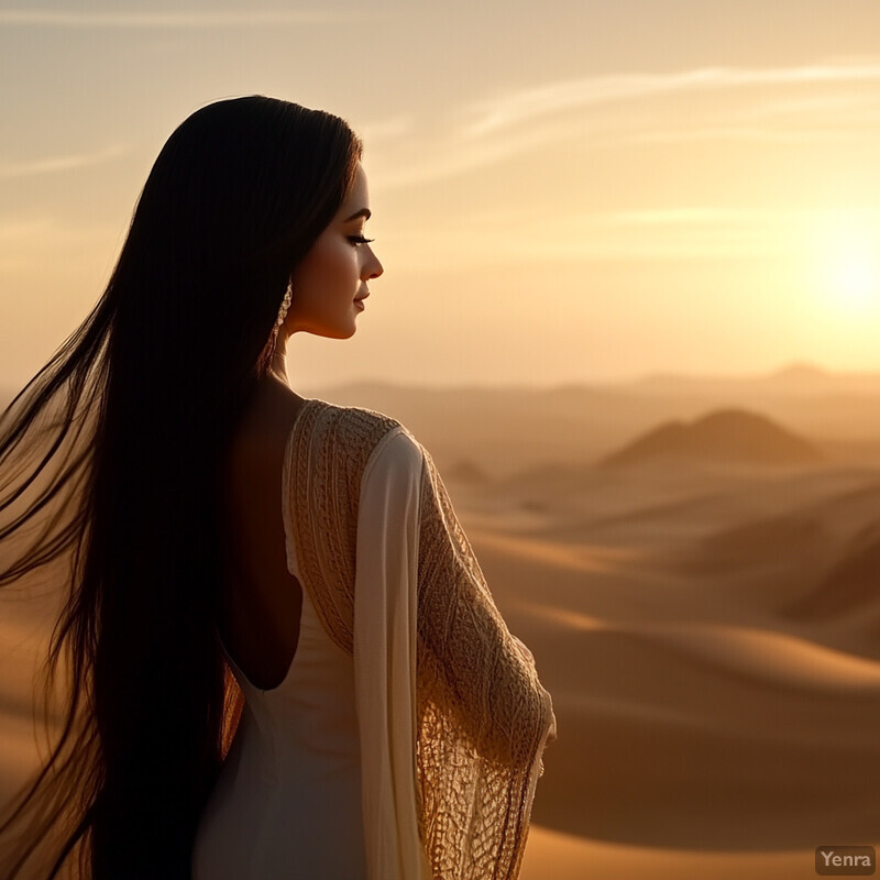 A woman stands in a desert landscape, gazing out at the horizon.