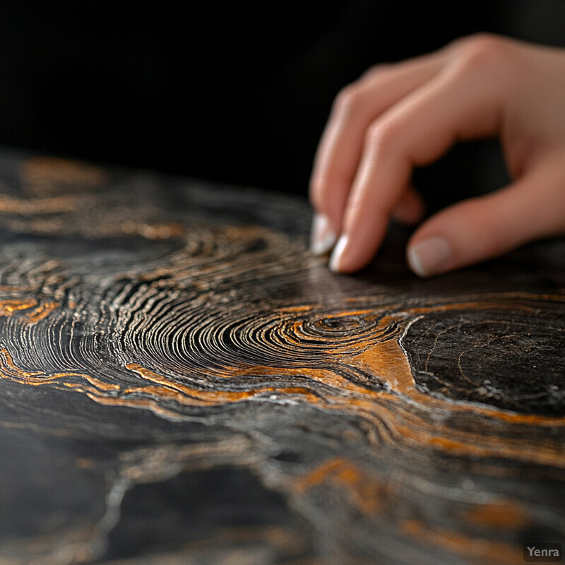 A close-up view of an artistic piece featuring intricate textures and patterns on black, gold, and silver hues.