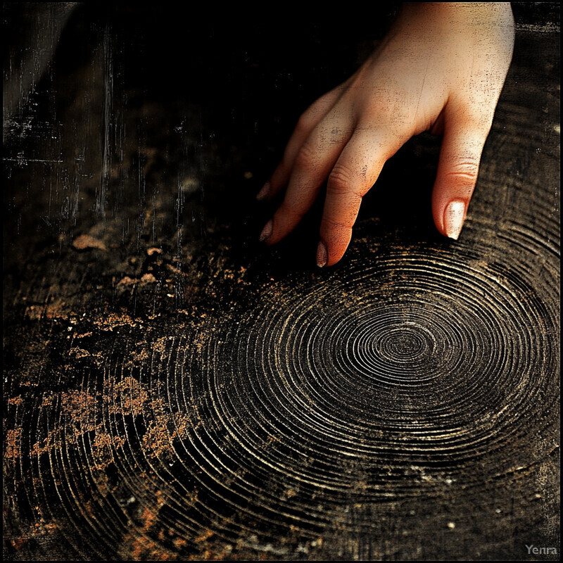 A close-up view of a dirty hand resting on a dark wooden surface.