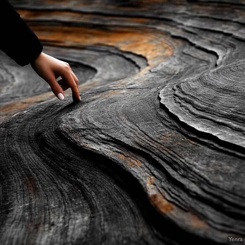 A person's hand tracing patterns on a rock or stone surface.