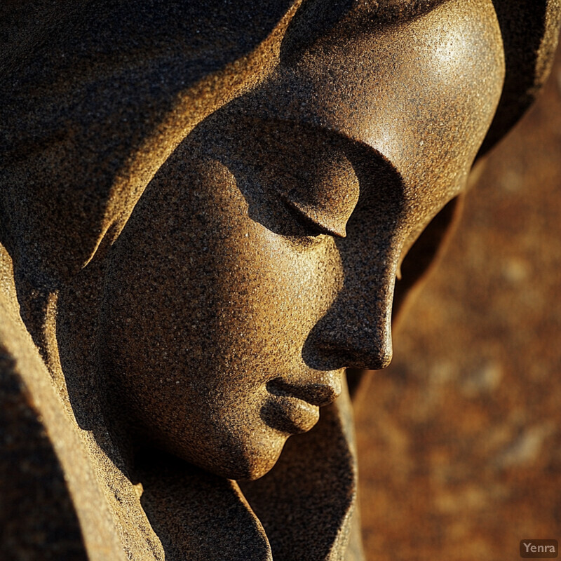 A close-up shot of a serene stone statue's face, crafted from dark brown or black stone with flecks of lighter brown.