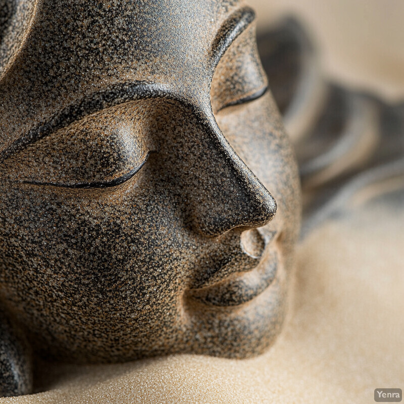 Two stone sculptures of faces nestled in sand, conveying a sense of calmness and tranquility.