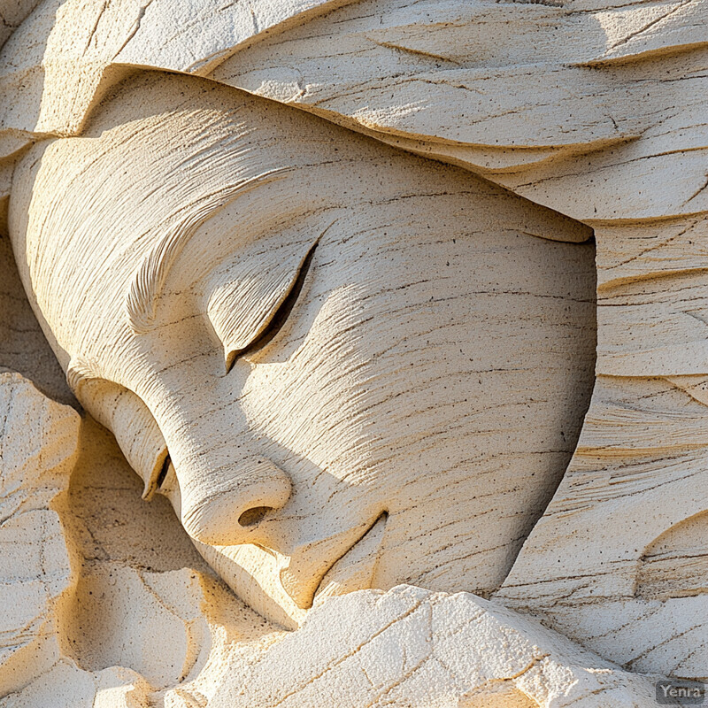 A serene sand sculpture of a woman's face