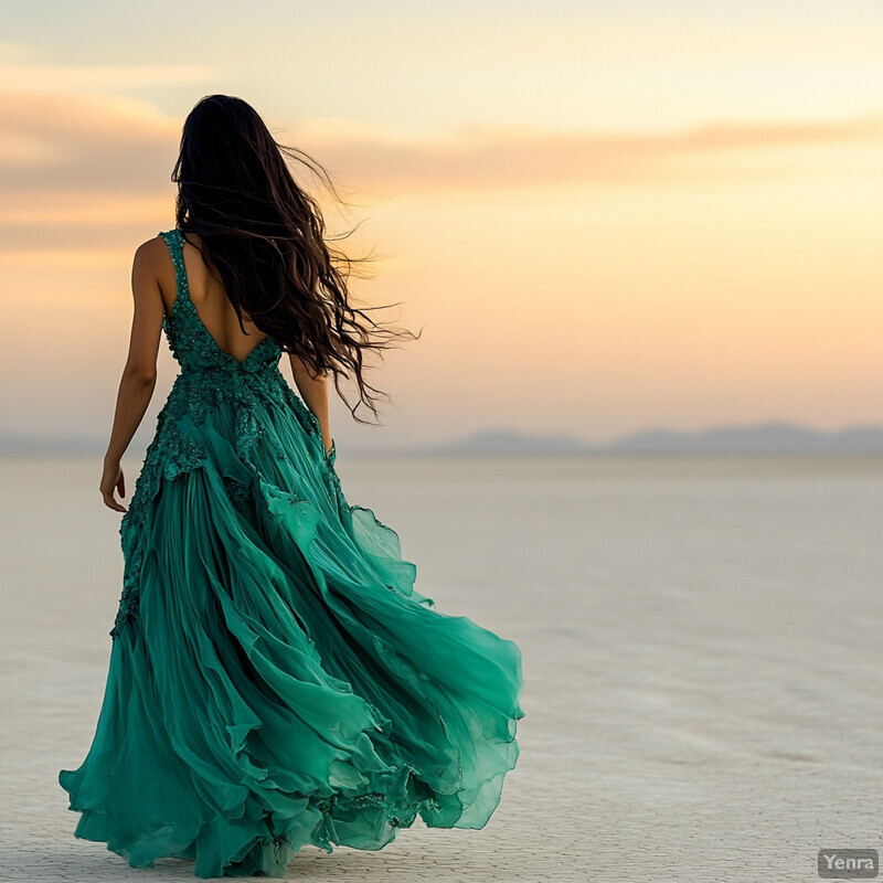 A woman walks away from the camera on a beach or similar landscape at sunset.