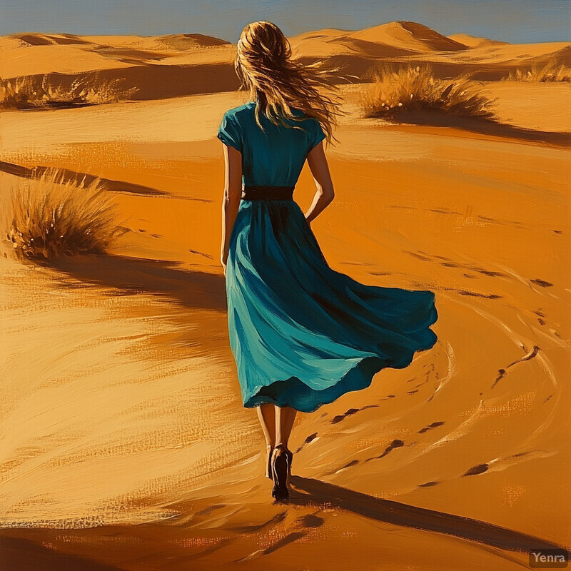 A woman walks away from the viewer in a desert landscape