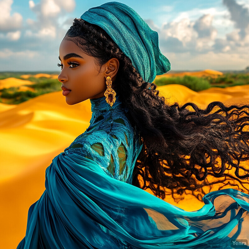 A woman stands in the desert, dressed in a blue dress and headscarf, with intricate henna designs on her hands and braided black hair.