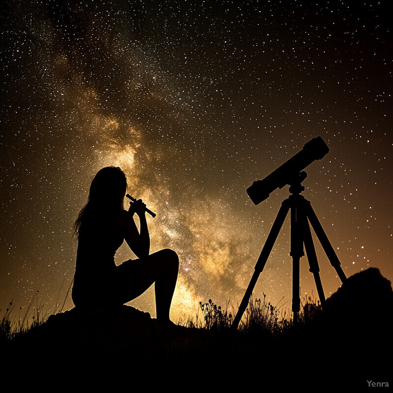 A woman sits in front of a telescope on a starry night, gazing up at the Milky Way.