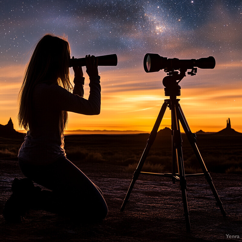 Woman gazing through binoculars at sunset