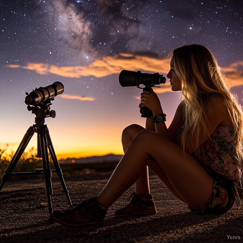 A woman gazes through a telescope at night, surrounded by a star-filled sky.